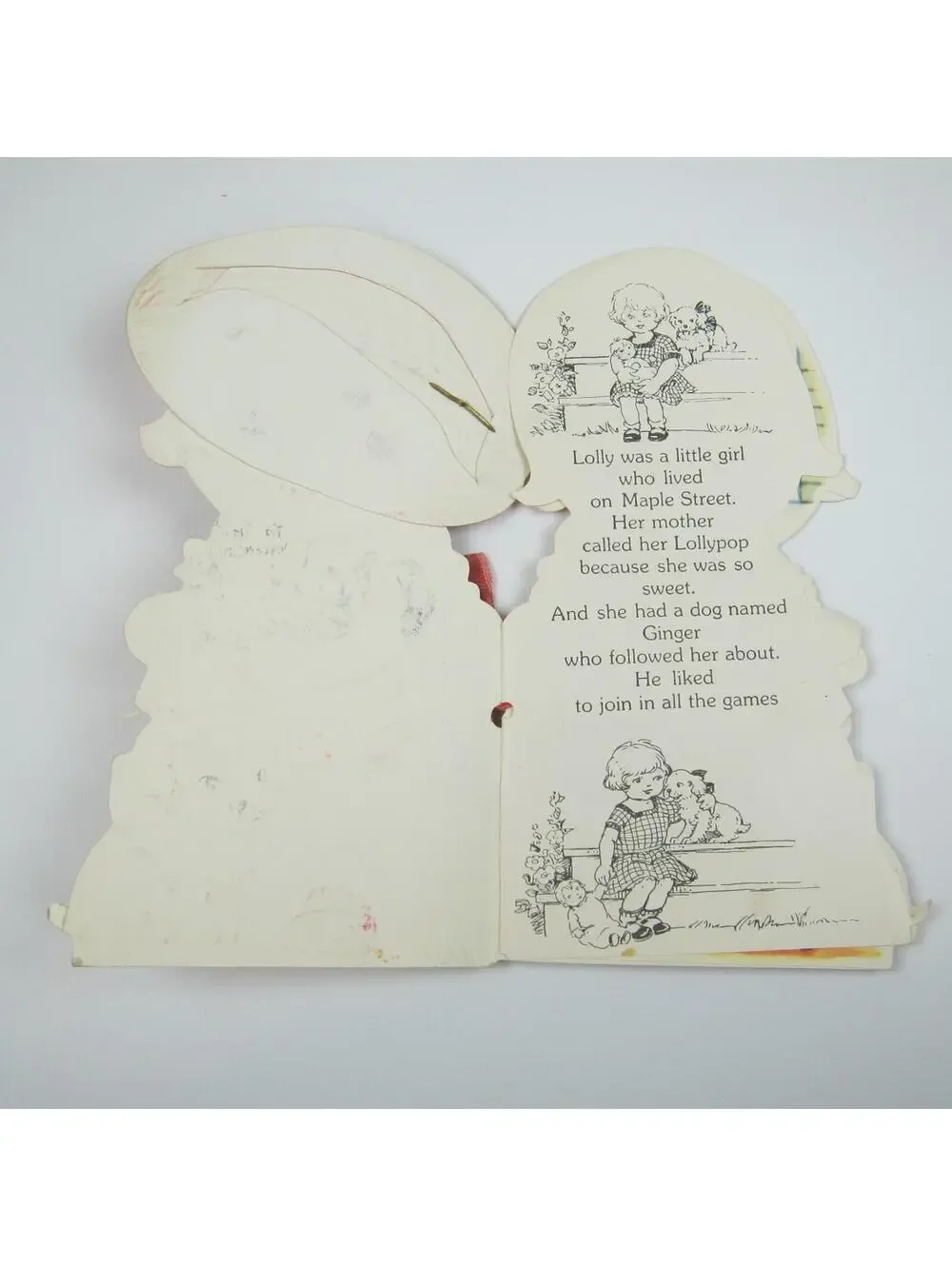 Vintage Valentine Mechanical Red Hat Blonde Girl Puppy Dog LARGE Story Book RARE